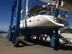 SATIKA, an Oyster 575 being re-launched at Port Denarau Marina after an engine service and antifoul by Baobab Marine