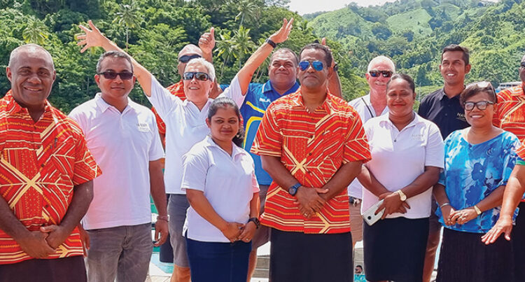 Minister for Lands and Mineral Resources, Filimoni Vosarogo, with the Nawi Island Limited staff and his senior officials during their visit to the Island Project in Savusavu on January 20, 2023. Photo: Sam-pras Anand