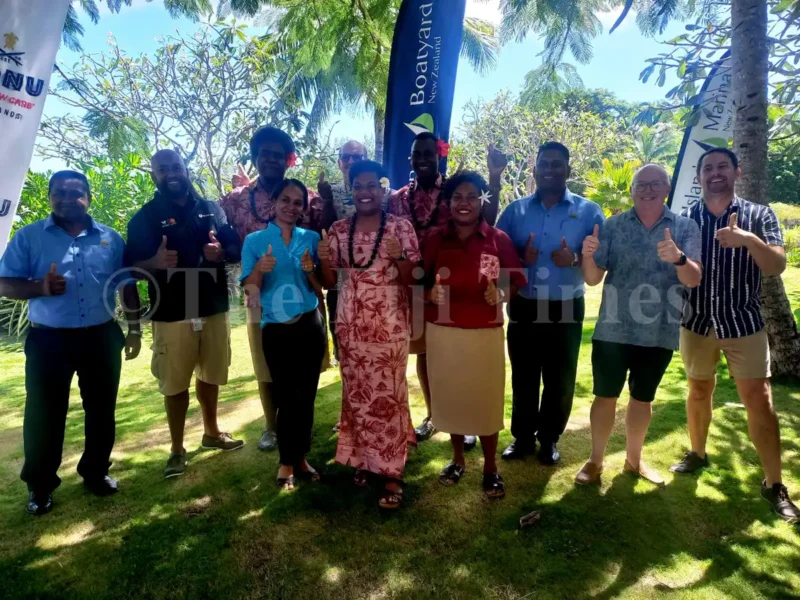 Musket Cove Regatta officials and sponsors Front row: From left; Liane Orlina, Grace Daveta, Mere Lisoni Back row; From left; Rajeev Reddy, Epeli Raivoka,Ratu Suliano Bogileka,Will Moffat, Sakiusa Koroi,Nitesh Chand, Wayne Deed and Hamish Black at Musket Cove Island Resort yesterday.PHOTO: Anasilini Natoga