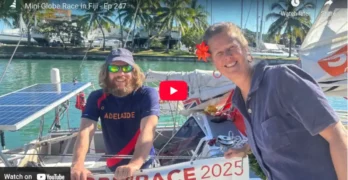 Mini Globe Race founder Don McIntyre and contestants Renaud Stitelmann and Daniel Turner