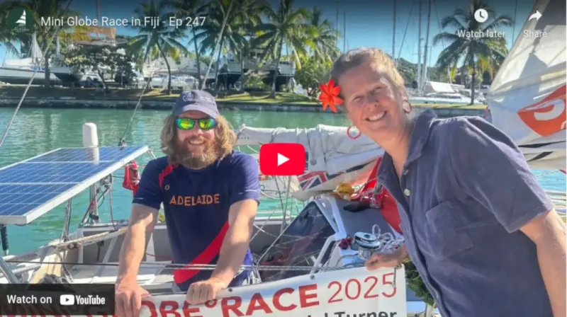 Mini Globe Race founder Don McIntyre and contestants Renaud Stitelmann and Daniel Turner